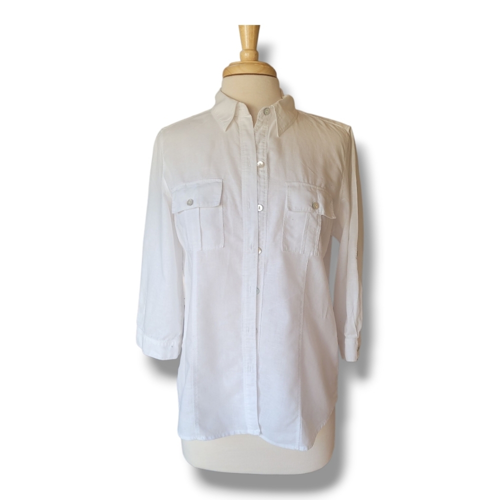 Chaus White Cotton Linen Button Down Shirt. Size S